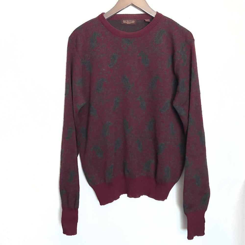 Vintage Nordstrom Wool Sweater Mens Merino Medium Burgundy Paisley Dad Crew